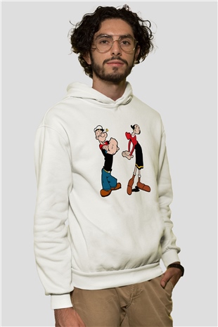 Popeye Beyaz Unisex Kapşonlu Sweatshirt