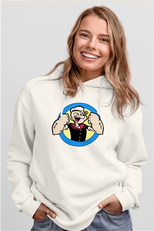 Popeye Beyaz Unisex Kapşonlu Sweatshirt