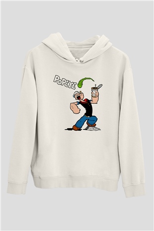 Popeye Beyaz Unisex Kapşonlu Sweatshirt