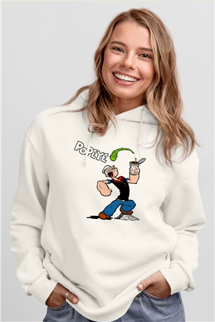 Popeye Beyaz Unisex Kapşonlu Sweatshirt