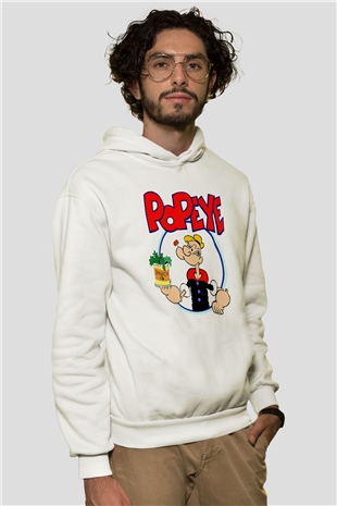 Popeye Beyaz Unisex Kapşonlu Sweatshirt