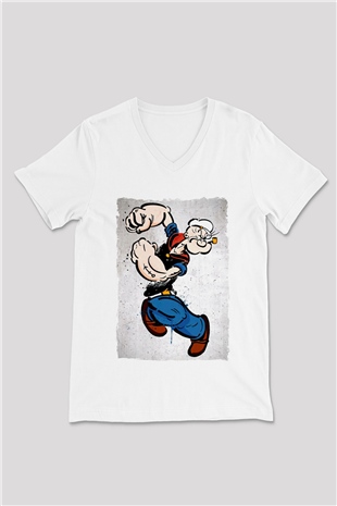 Popeye Beyaz Unisex  V Yaka Tişört