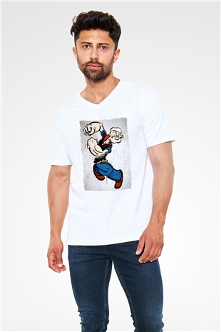 Popeye Beyaz Unisex  V Yaka Tişört