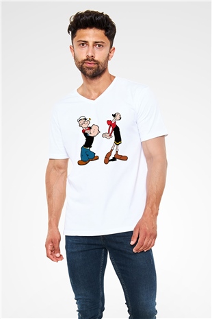Popeye Beyaz Unisex V Yaka Tişört T-Shirt