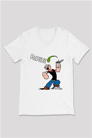 Popeye Beyaz Unisex V Yaka Tişört T-Shirt