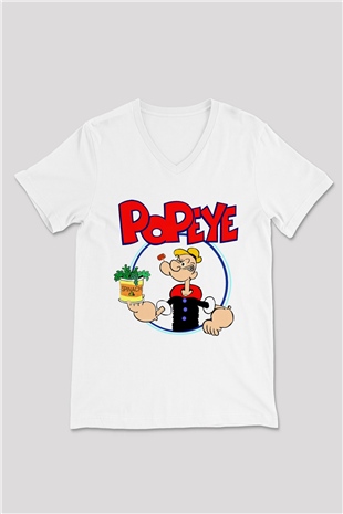 Popeye Beyaz Unisex V Yaka Tişört T-Shirt
