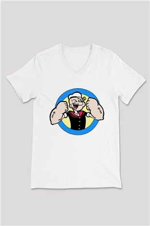 Popeye Beyaz Unisex V Yaka Tişört T-Shirt