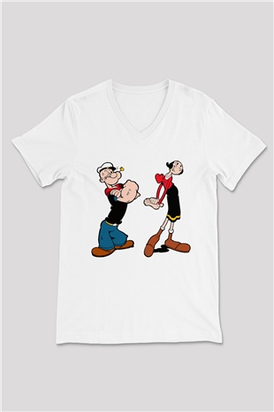 Popeye Beyaz Unisex V Yaka Tişört T-Shirt