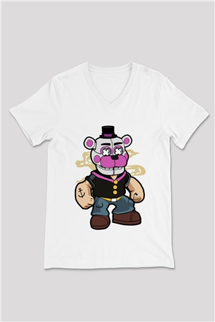 Popeye Freddy Baskılı Unisex Beyaz V Yaka Tişört