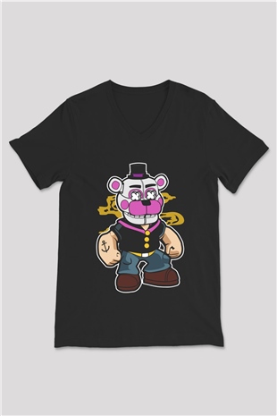 Popeye Freddy Baskılı Unisex Siyah V Yaka Tişört