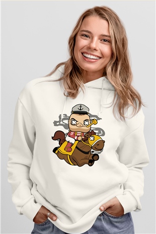Popeye Jockey Baskılı Beyaz Unisex Hoodie
