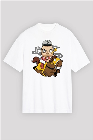 Popeye Jockey Baskılı Beyaz Unisex Oversize Tişört
