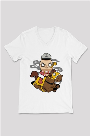 Popeye Jockey Baskılı Beyaz Unisex V Yaka Tişört
