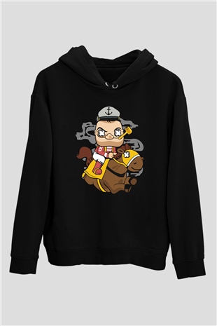 Popeye Jockey Baskılı Siyah Unisex Hoodie