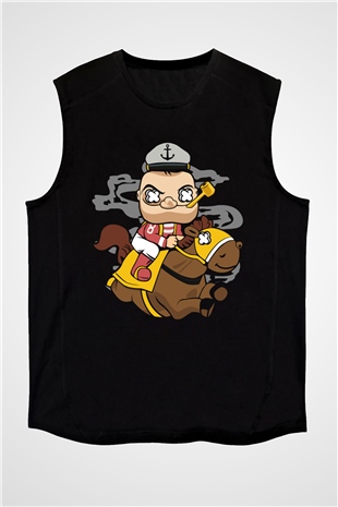 Popeye Jockey Baskılı Siyah Unisex Kolsuz Tişört