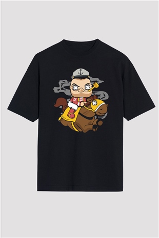 Popeye Jockey Baskılı Siyah Unisex Oversize Tişört