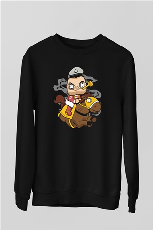Popeye Jockey Baskılı Siyah Unisex Sweatshirt