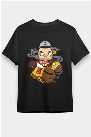 Popeye Jockey Baskılı Siyah Unisex Tişört