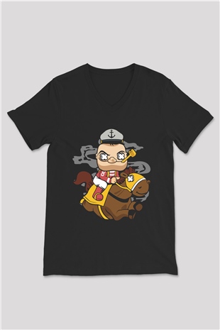 Popeye Jockey Baskılı Siyah Unisex V Yaka Tişört