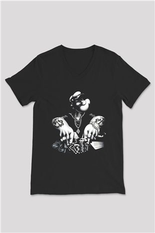 Popeye Siyah Unisex V Yaka Tişört