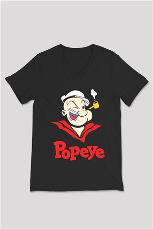 Popeye Siyah Unisex  V Yaka Tişört