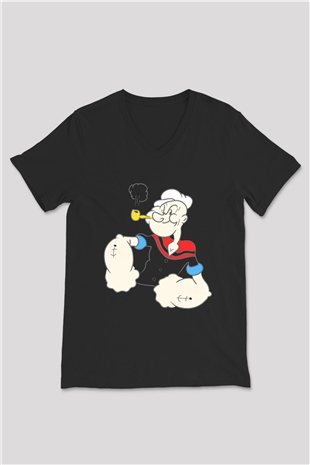Popeye Siyah Unisex V Yaka Tişört