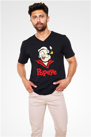 Popeye Siyah Unisex  V Yaka Tişört
