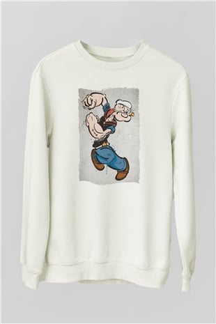 Popeye Temel Reis Baskılı Unisex Beyaz  Sweatshirt