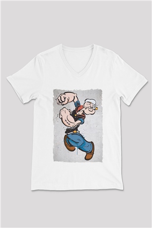 Popeye Temel Reis Baskılı Unisex Beyaz  V Yaka Tişört