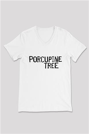 Porcupine Tree Baskılı Beyaz Unisex V Yaka Tişört - Tshirt