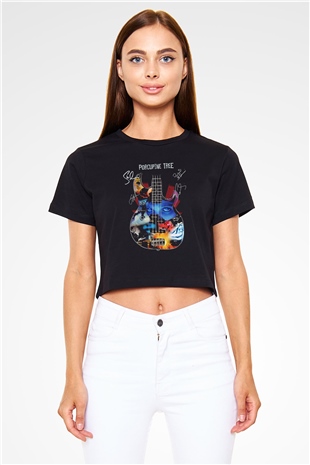 Porcupine Tree Baskılı Siyah Crop Top Kadın Tişört - Tshirt