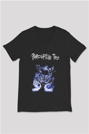 Porcupine Tree Baskılı Unisex Siyah V Yaka Tişört - Tshirt