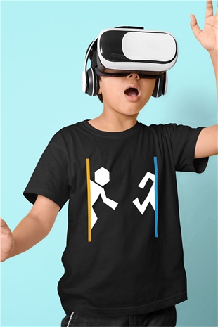 Portal Baskılı Siyah Unisex Çocuk Tişört