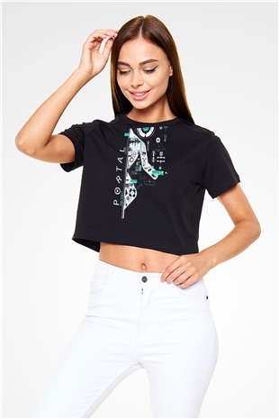 Portal Siyah Crop Top Tişört