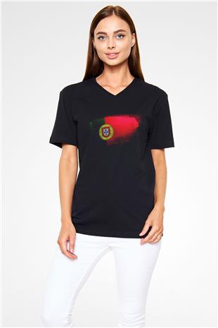 Portekiz - Portugal Bayrağı Baskılı Unisex Siyah V Yaka Tişört