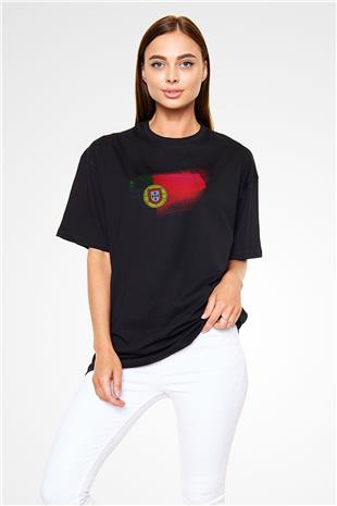 Portekiz - Portugal Bayrağı Baskılı Unisex Siyah Oversize Tişört