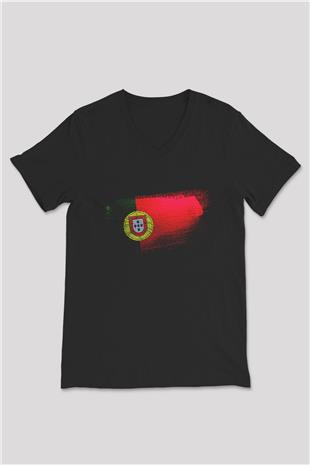 Portekiz - Portugal Bayrağı Baskılı Unisex Siyah V Yaka Tişört