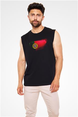 Portekiz - Portugal Bayrağı Baskılı Unisex Siyah Kolsuz Tişört