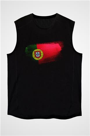 Portekiz - Portugal Bayrağı Baskılı Unisex Siyah Kolsuz Tişört