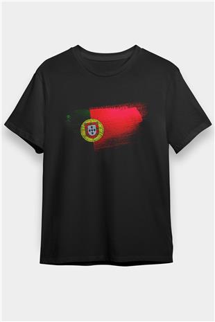 Portekiz - Portugal Bayrağı Baskılı Unisex Siyah Tişört