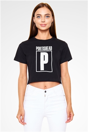 Portishead Baskılı Siyah Crop Top Kadın Tişört - Tshirt
