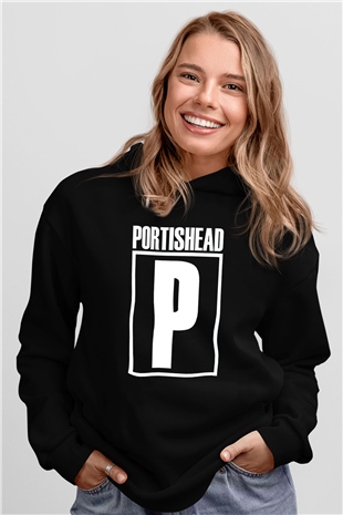 Portishead Baskılı Unisex Siyah Kapüşonlu Sweatshirt