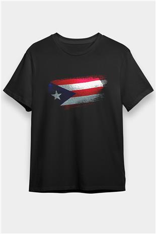 Porto Riko - Puerto Rico Bayrağı Baskılı Unisex Siyah Tişört