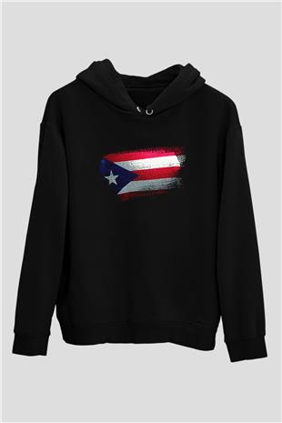 Porto Riko - Puerto Rico Bayrağı Baskılı Unisex Siyah Kapüşonlu Sweatshirt