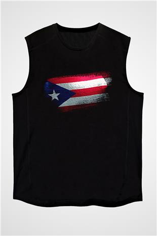 Porto Riko - Puerto Rico Bayrağı Baskılı Unisex Siyah Kolsuz Tişört