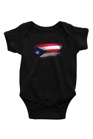 Porto Riko - Puerto Rico Bayrağı Baskılı Unisex Siyah Bebek Body - Zıbın