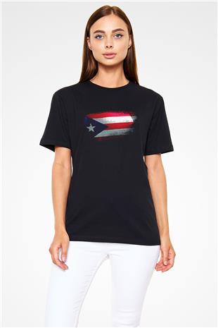 Porto Riko - Puerto Rico Bayrağı Baskılı Unisex Siyah Tişört