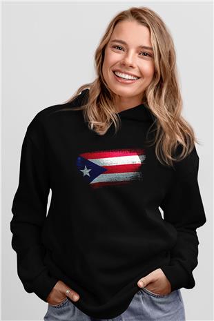 Porto Riko - Puerto Rico Bayrağı Baskılı Unisex Siyah Kapüşonlu Sweatshirt