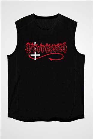 Possessed Baskılı Unisex Siyah Kolsuz Tişört - Tshirt