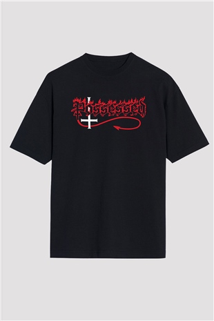Possessed Baskılı Unisex Siyah Oversize Tişört - Tshirt